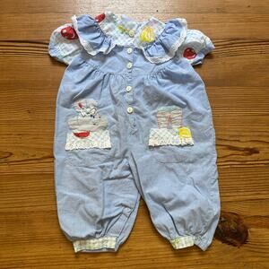 Vintage blue ruffle lace trim vegetable bunny short sleeve one piece SIZE 12M